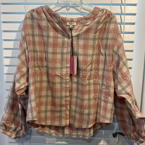 Lightweight gray/pink flannel shirt with Mondrian collar. New with tags!